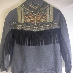 Vintage Embroidered Fringe Denim Western Boho Jacket M